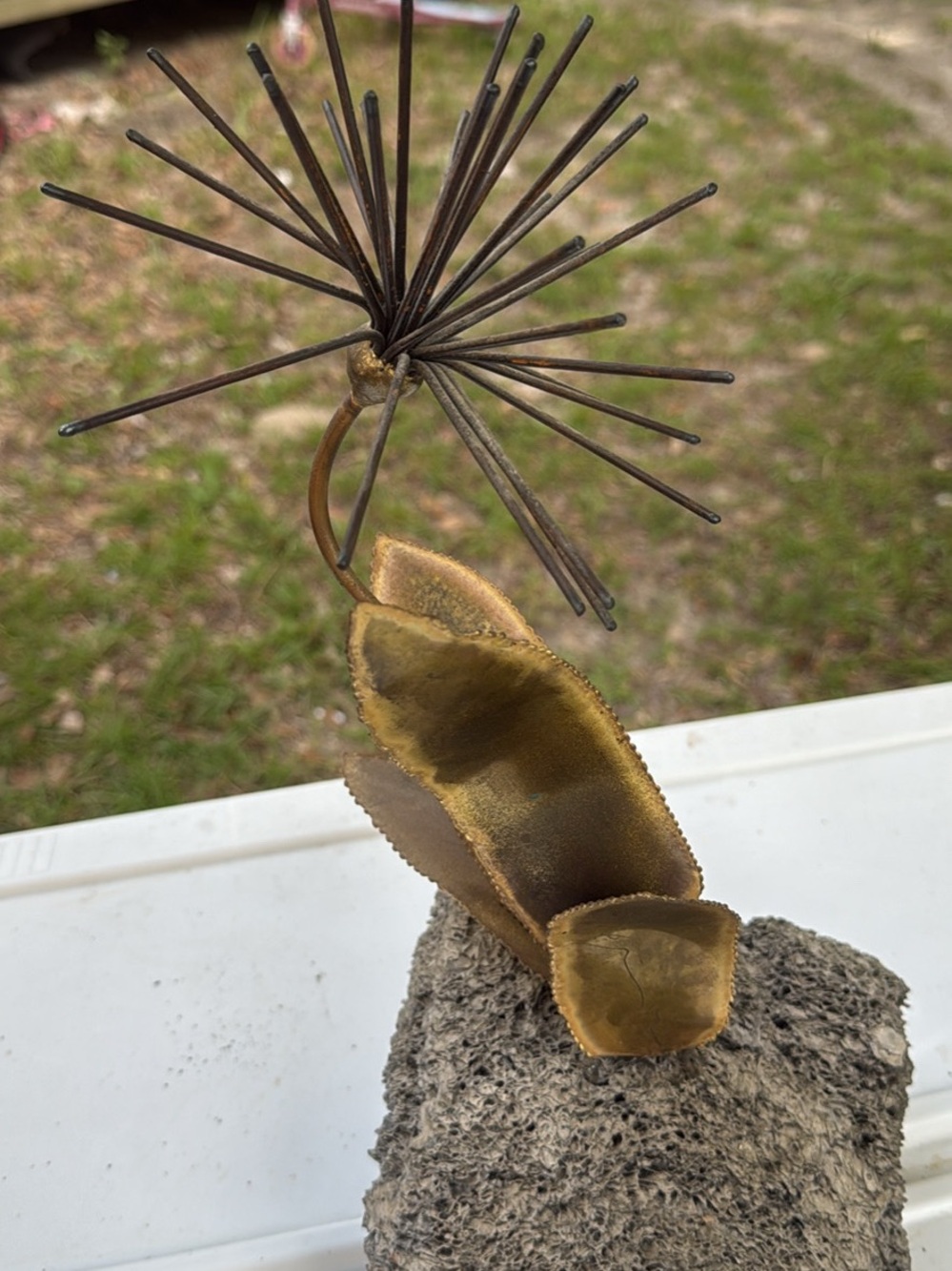Mid Century Modern Brutalist Brass Pom on Lava Rock  Base Table Sculpture